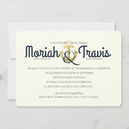 ネイビ航海のーと金ゴールドいかり結婚ズ 招待状 (正面)