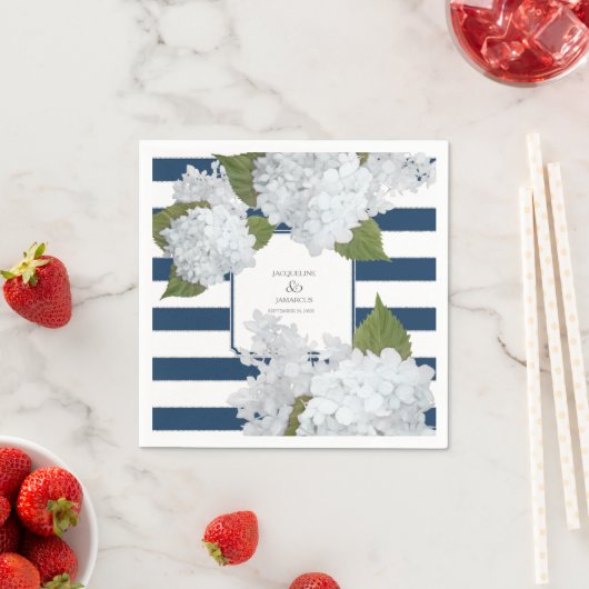 ネイビ航海のーストライプのホワイトアジサイフローラ スタンダードカクテルナプキン (インサイチュ)