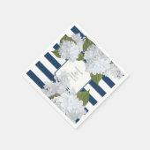 ネイビ航海のーストライプのホワイトアジサイフローラ スタンダードカクテルナプキン (角)