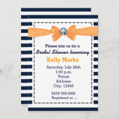 ネイビ航海のーストライプオレンジボウブライダルシャワー 招待状 (正面/裏面)