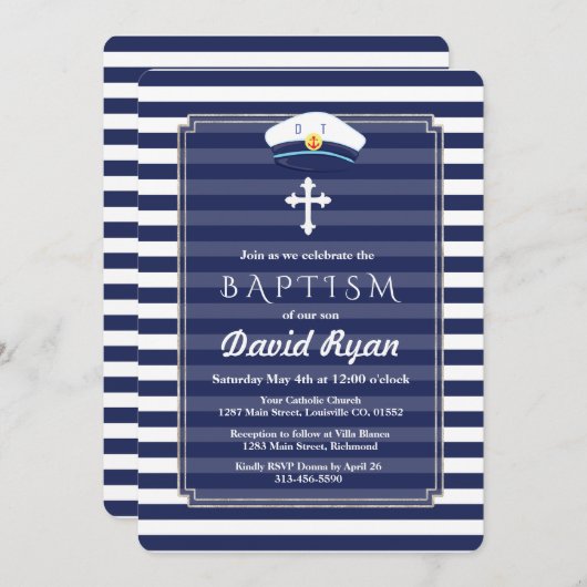 ネイビ航海のーストライプシーズシルバーボーイバプテスマ招待状 招待状 (正面/裏面)