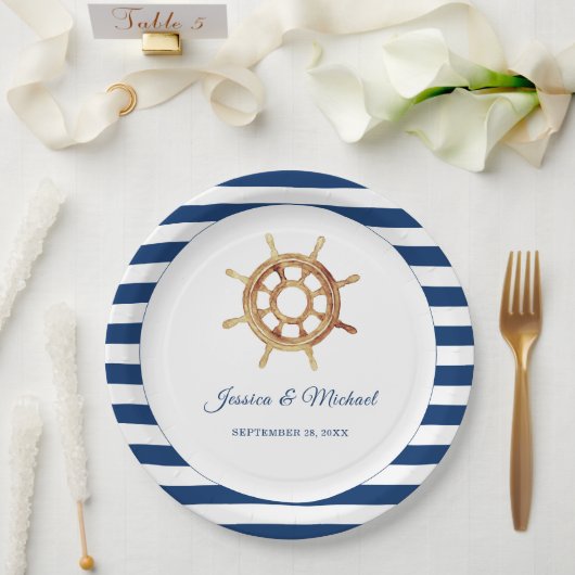 ネイビ航海のーストライプズ水色ハンドル ペーパープレート (ウェディング)
