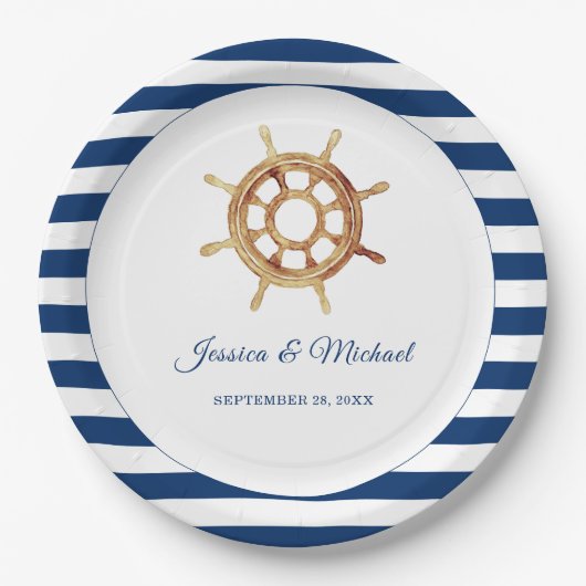 ネイビ航海のーストライプズ水色ハンドル ペーパープレート (正面)