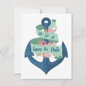 ネイビ航海のーストライプフローラ結婚式の日付を保存 招待状 (正面)