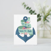 ネイビ航海のーストライプフローラ結婚式の日付を保存 招待状 (スタンド正面)