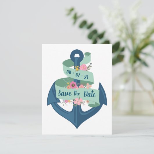 ネイビ航海のーストライプフローラ結婚式の日付を保存 招待状 (スタンド正面)