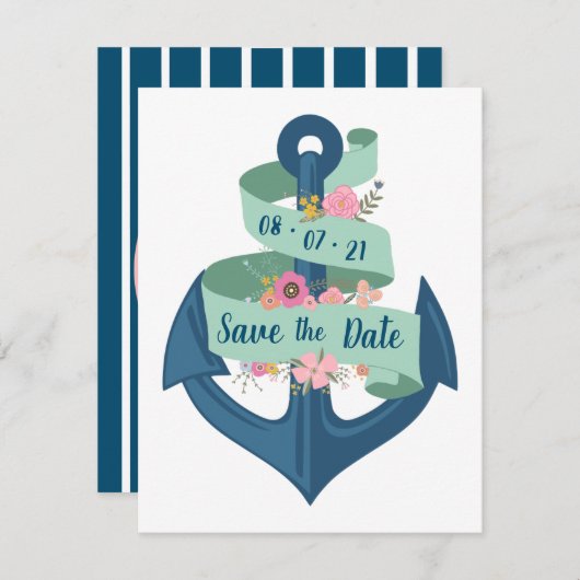 ネイビ航海のーストライプフローラ結婚式の日付を保存 招待状 (正面/裏面)