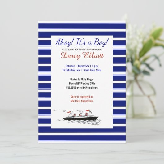 ネイビ航海のーストライプ・アホイ男の子の赤ちゃんシャワー 招待状 (スタンド正面)