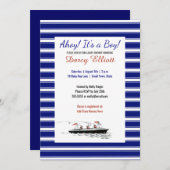 ネイビ航海のーストライプ・アホイ男の子の赤ちゃんシャワー 招待状 (正面/裏面)