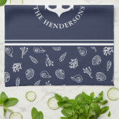 ネイビ航海のーパーソナライズされたブルーいかりファミリー キッチンタオル (折り畳み)