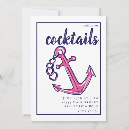 ネイビ航海のーピンクいかり名門私立校風のカクテルパーティー 招待状 (正面)