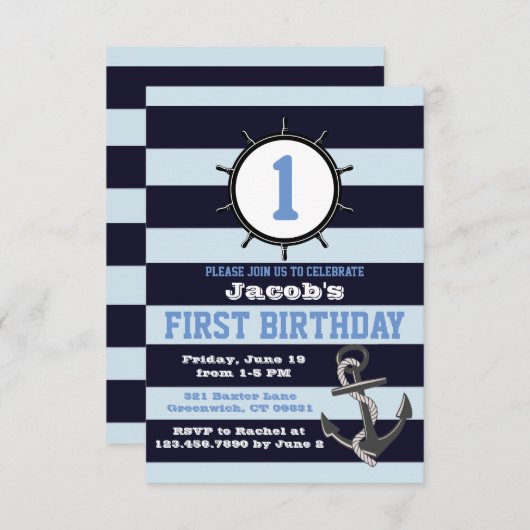 ネイビ航海のーファースト誕生日招待状 招待状 (正面/裏面)