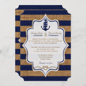 ネイビ航海のーフェイク、バストライプラップの結婚式 招待状 (正面/裏面)