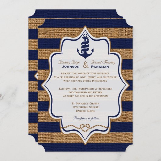ネイビ航海のーフェイク、バストライプラップの結婚式 招待状 (正面/裏面)