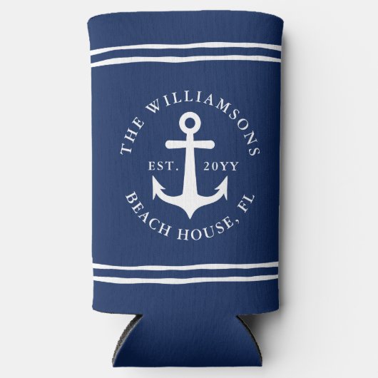 ネイビ航海のーブルアンドホワイトいかりビーチハウス スリム缶クーラー (正面)