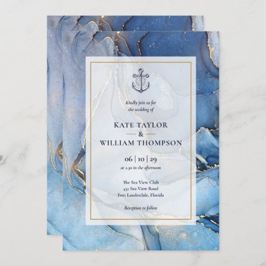 ネイビ航海のーブルアンド金ゴールドアガテいかり結婚ズ 招待状 (正面/裏面)