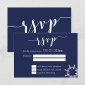 ネイビ航海のーブルウェディングRSVPカードとホイール 出欠カード (正面/裏面)