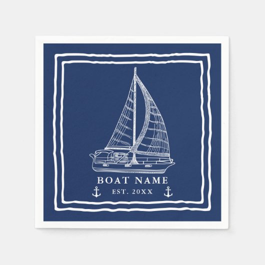 ネイビ航海のーブルホワイトセーリングボートいかりボート名 スタンダードカクテルナプキン (正面)