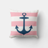 ネイビ航海のーブルーいかりとピンクストライプ色 クッション (正面)