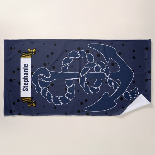 ネイビ航海のーブルーいかりと名前または引用文 ビーチタオル (正面)