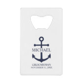 ネイビ航海のーブルーいかりグパーソナライズされたロンプンズ クレジットカード栓抜き (正面)