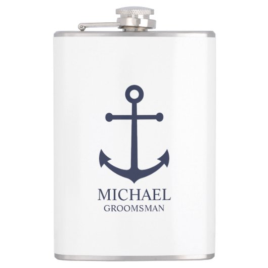 ネイビ航海のーブルーいかりグパーソナライズされたロンプンズ フラスク (正面)