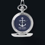 ネイビ航海のーブルーいかりグパーソナライズされたロンプンズ 腕時計<br><div class="desc">Groomsmen航海の Giftこのデザインは白いいかりとgroomsmanの名前を特集しパーソナライズされた、ネイビーの青い背景に白いクラシックセリフのフォントスタイルでタイトルを付ける。また、花婿介添人、花嫁の父親のためにも最適。</div>