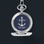 ネイビ航海のーブルーいかりグパーソナライズされたロンプンズ 腕時計<br><div class="desc">Groomsmen航海の Giftこのデザインは白いいかりとgroomsmanの名前を特集しパーソナライズされた、ネイビーの青い背景に白いクラシックセリフのフォントスタイルでタイトルを付ける。また、花婿介添人、花嫁の父親のためにも最適。</div>
