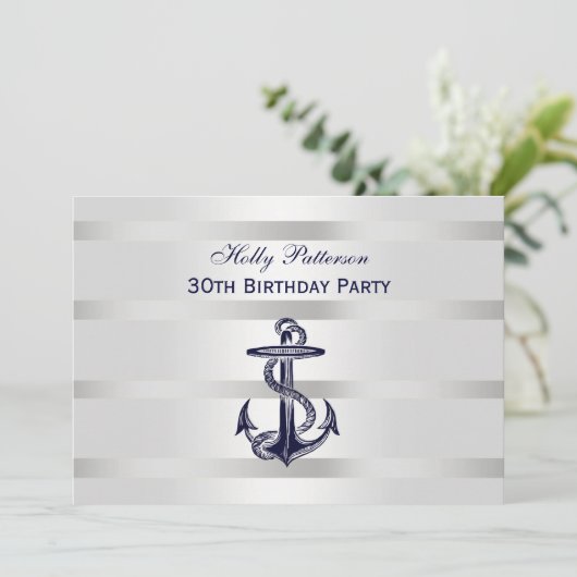 ネイビ航海のーブルーいかりシルバーウェイトBG H誕生日 招待状 (スタンド正面)
