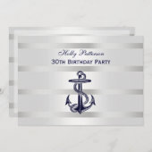 ネイビ航海のーブルーいかりシルバーウェイトBG H誕生日 招待状 (正面/裏面)