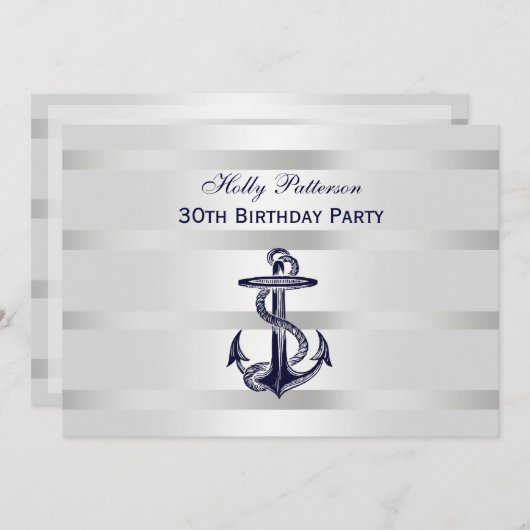ネイビ航海のーブルーいかりシルバーウェイトBG H誕生日 招待状 (正面/裏面)