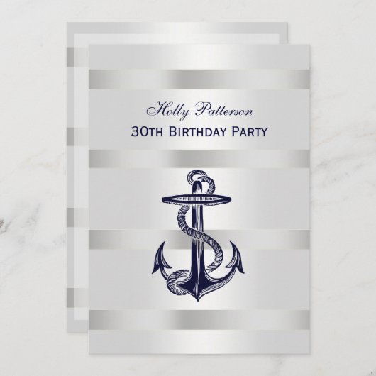 ネイビ航海のーブルーいかりシルバーウェイトBG V誕生日 招待状 (正面/裏面)
