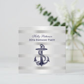 ネイビ航海のーブルーいかりシルバーウエットBG SQ誕生日 招待状 (スタンド正面)
