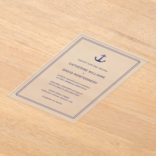 ネイビ航海のーブルーいかりタイポグラフィ結婚ズ アクリル招待状 (レイダウン)