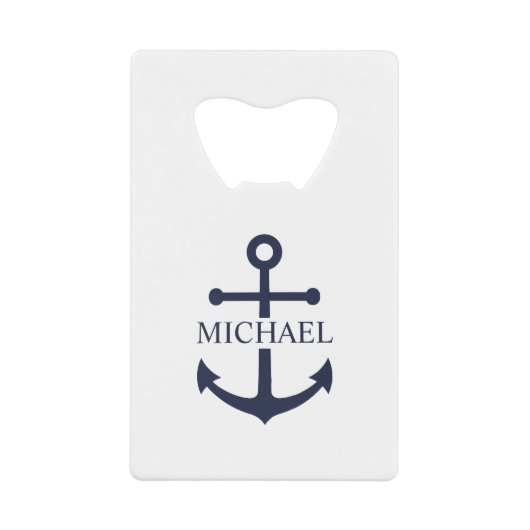 ネイビ航海のーブルーいかりパーソナライズされた名 クレジットカード栓抜き (正面)