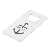 ネイビ航海のーブルーいかりパーソナライズされた名 クレジットカード栓抜き (正面アングル)