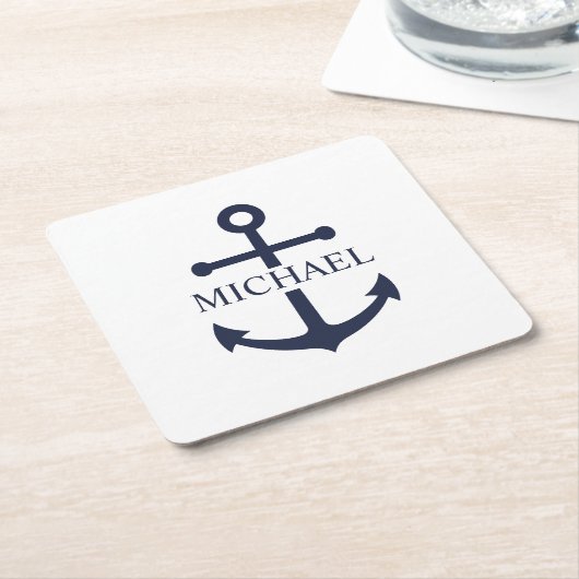 ネイビ航海のーブルーいかりパーソナライズされた名 スクエアペーパーコースター (アングル)