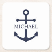 ネイビ航海のーブルーいかりパーソナライズされた名 スクエアペーパーコースター (正面)