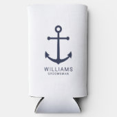 ネイビ航海のーブルーいかりパーソナライズされたGroomsmen C スリム缶クーラー (正面)