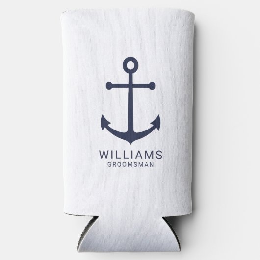 ネイビ航海のーブルーいかりパーソナライズされたGroomsmen C スリム缶クーラー (正面)