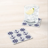 ネイビ航海のーブルーいかりボートホイールグレーストライプ スクエアペーパーコースター (インサイチュ)