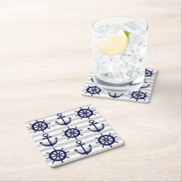 ネイビ航海のーブルーいかりボートホイールグレーストライプ スクエアペーパーコースター