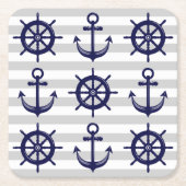 ネイビ航海のーブルーいかりボートホイールグレーストライプ スクエアペーパーコースター (正面)