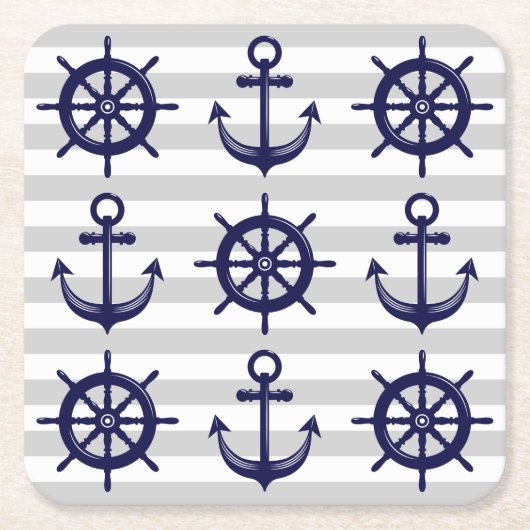 ネイビ航海のーブルーいかりボートホイールグレーストライプ スクエアペーパーコースター (正面)