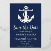 ネイビ航海のーブルーいかりモダンQRコード結婚s 箔招待状 (正面)