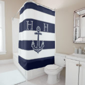 ネイビ航海のーブルーいかりモノグストライプのラム名 シャワーカーテン (インサイチュ)