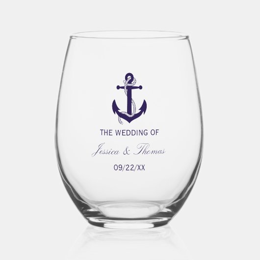 ネイビ航海のーブルーいかり結婚ズ ステムなしワイングラス (正面)