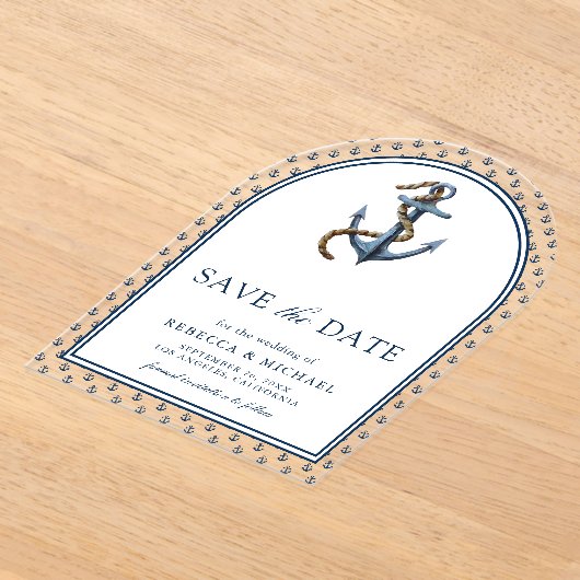 ネイビ航海のーブルーいかり結婚式の日付を保存 アクリル招待状 (レイダウン)