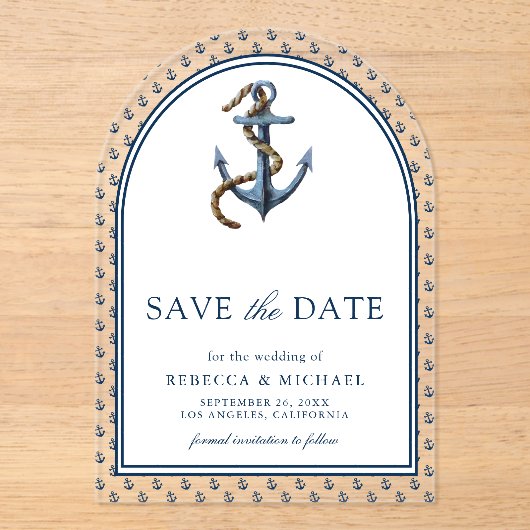 ネイビ航海のーブルーいかり結婚式の日付を保存 アクリル招待状 (正面)