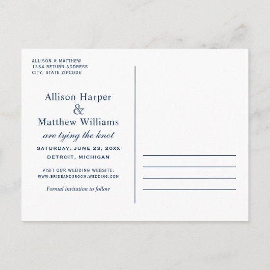 ネイビ航海のーブルーいかり結婚式の日付を保存 案内ポストカード (裏面)